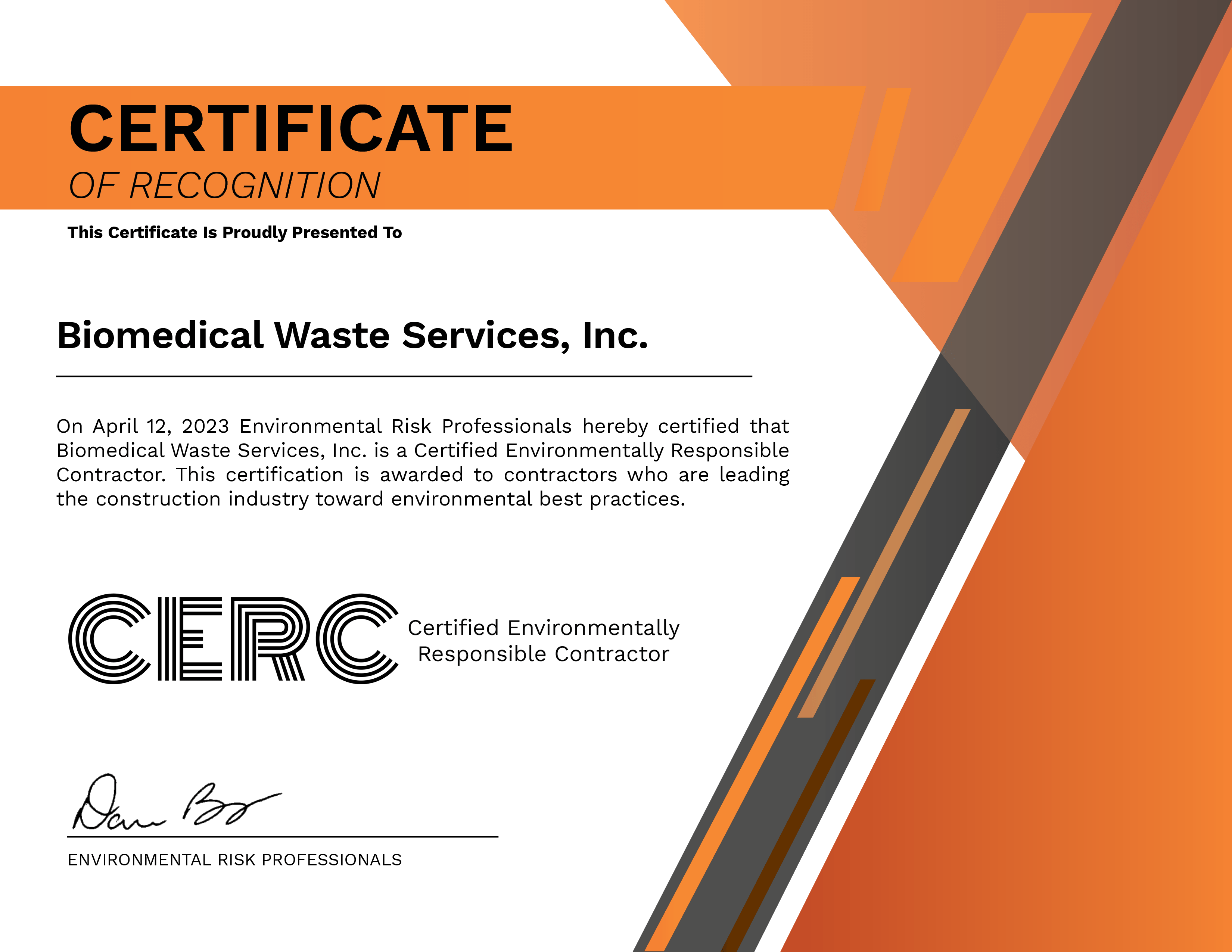 BWS Announced as a Certified Environmentally Responsible Contract CERC BWS